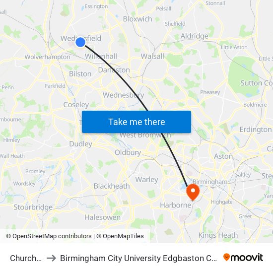 Church St to Birmingham City University Edgbaston Campus map