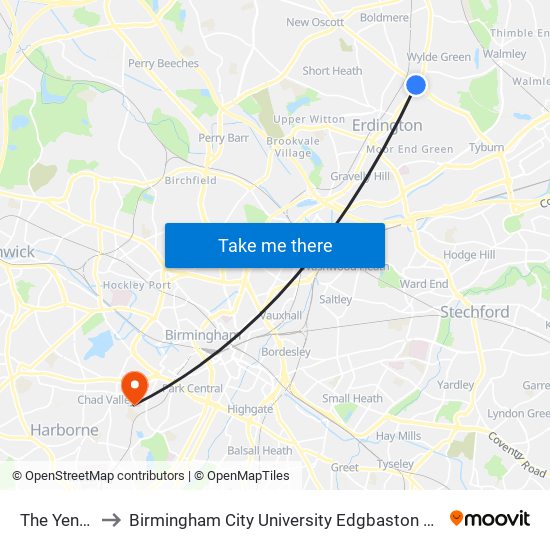 The Yenton to Birmingham City University Edgbaston Campus map