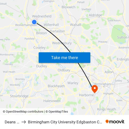 Deans Rd to Birmingham City University Edgbaston Campus map