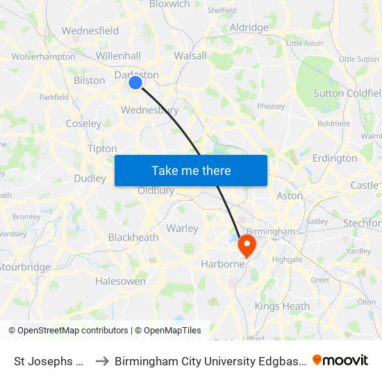 St Josephs School to Birmingham City University Edgbaston Campus map