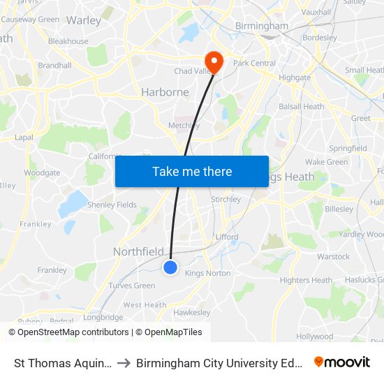 St Thomas Aquinas School to Birmingham City University Edgbaston Campus map