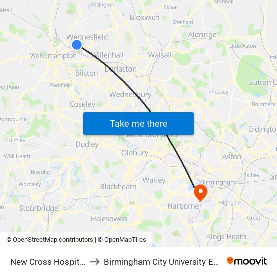New Cross Hospital (Stop N6) to Birmingham City University Edgbaston Campus map