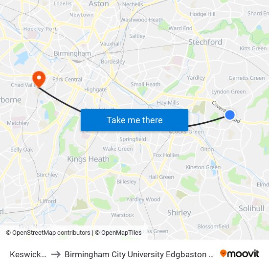 Keswick Rd to Birmingham City University Edgbaston Campus map