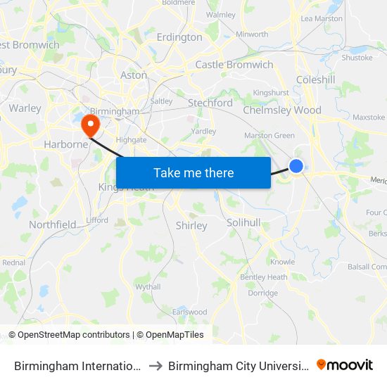 Birmingham International Station (Stop Sa) to Birmingham City University Edgbaston Campus map