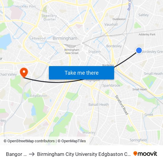 Bangor Rd to Birmingham City University Edgbaston Campus map