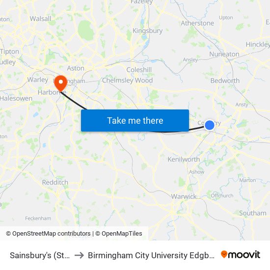 Sainsbury's (Stop Ts2) to Birmingham City University Edgbaston Campus map