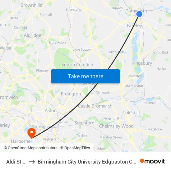 Aldi Store to Birmingham City University Edgbaston Campus map