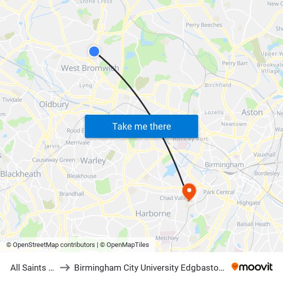 All Saints Way to Birmingham City University Edgbaston Campus map