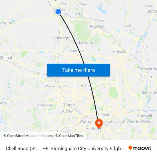 Chell Road (Stand B4) to Birmingham City University Edgbaston Campus map