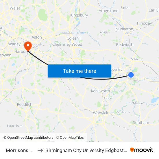 Morrisons Binley to Birmingham City University Edgbaston Campus map