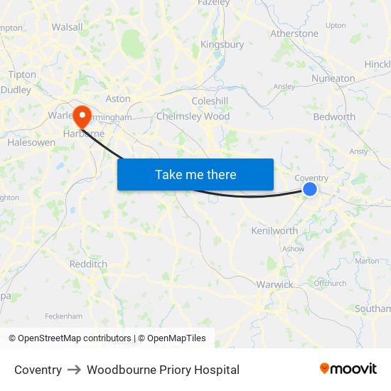 Coventry to Woodbourne Priory Hospital map