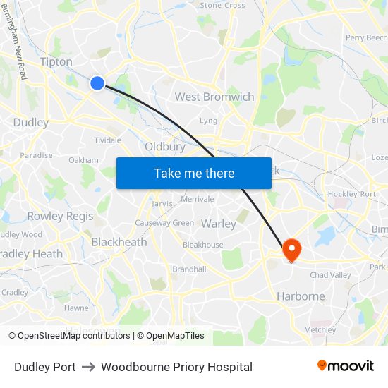 Dudley Port to Woodbourne Priory Hospital map