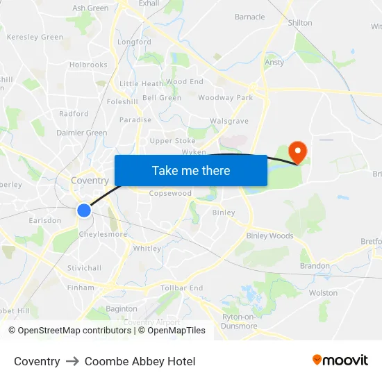 Coventry to Coombe Abbey Hotel map
