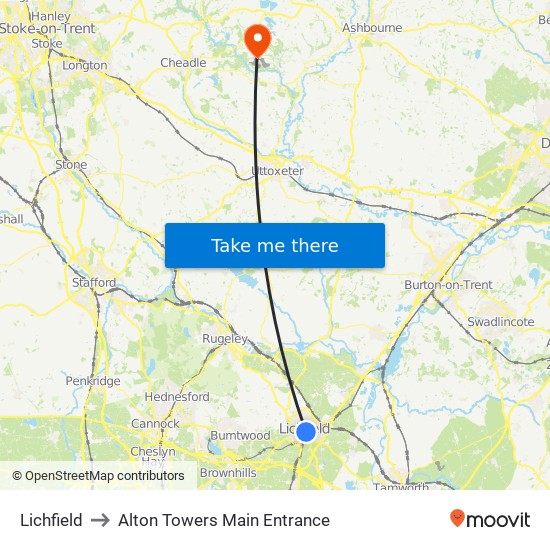 Lichfield to Alton Towers Main Entrance map