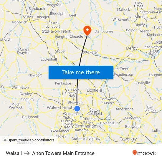 Walsall to Alton Towers Main Entrance map