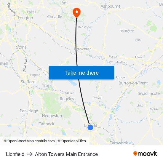 Lichfield to Alton Towers Main Entrance map