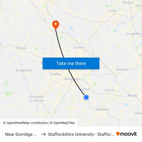 Near Dorridge Station to Staffordshire University - Stafford Campus map