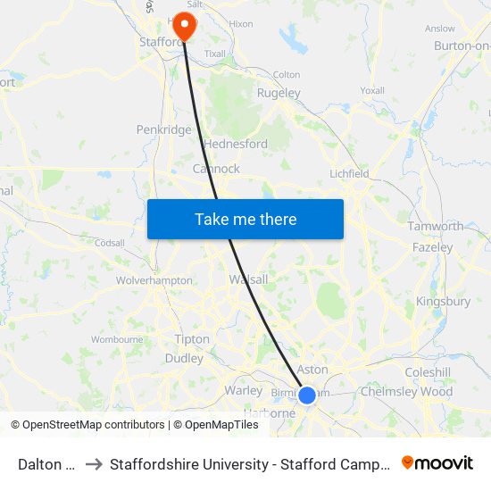 Dalton St to Staffordshire University - Stafford Campus map