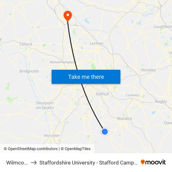 Wilmcote to Staffordshire University - Stafford Campus map