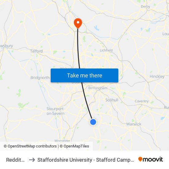 Redditch to Staffordshire University - Stafford Campus map