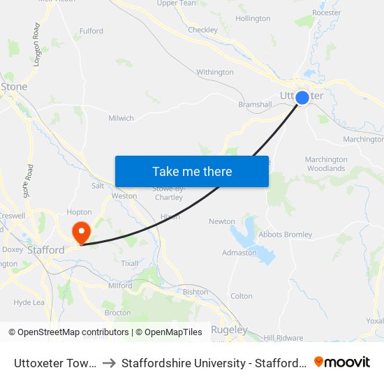 Uttoxeter Town Ctr to Staffordshire University - Stafford Campus map