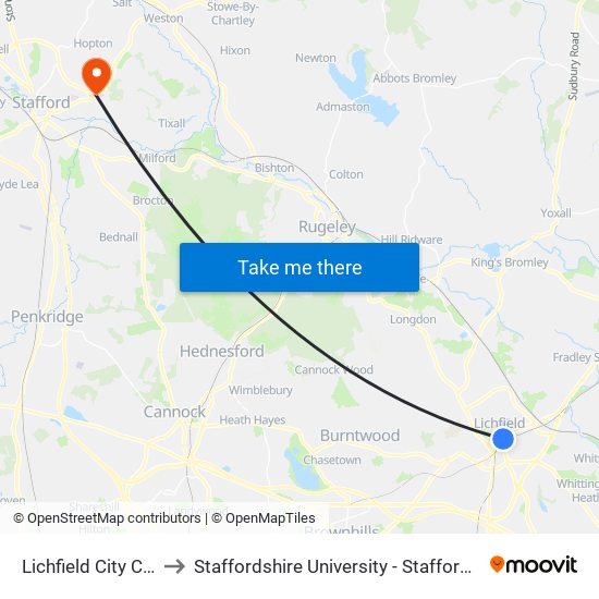 Lichfield City Centre to Staffordshire University - Stafford Campus map