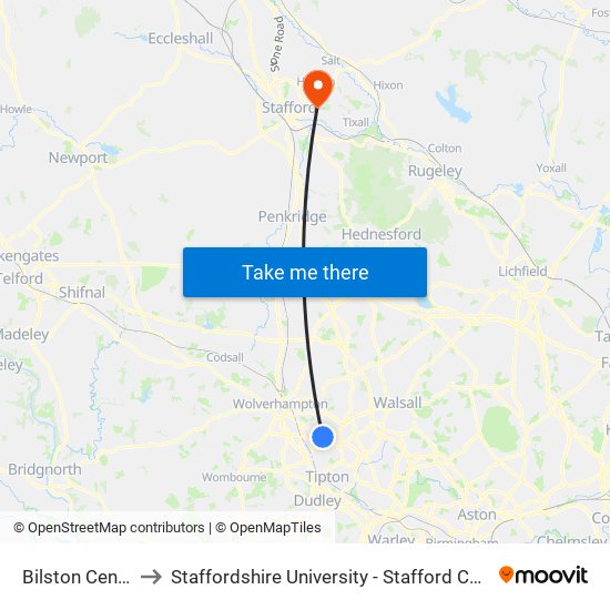 Bilston Central to Staffordshire University - Stafford Campus map