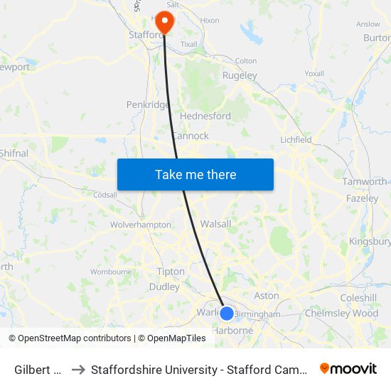 Gilbert Rd to Staffordshire University - Stafford Campus map