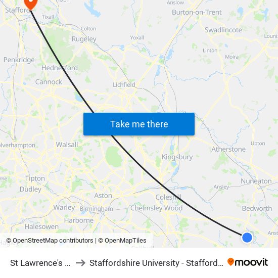 St Lawrence's Road to Staffordshire University - Stafford Campus map