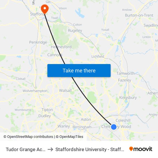 Tudor Grange Academy to Staffordshire University - Stafford Campus map