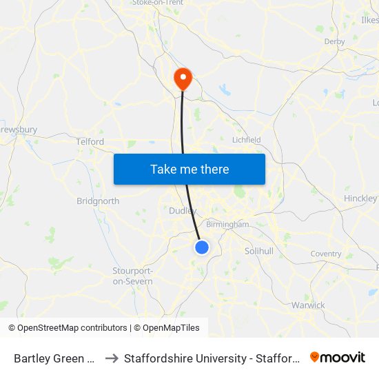 Bartley Green Lodge to Staffordshire University - Stafford Campus map