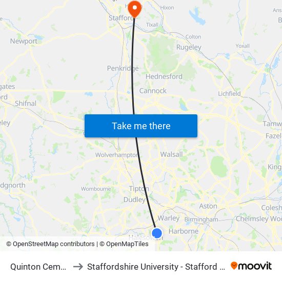 Quinton Cemetery to Staffordshire University - Stafford Campus map