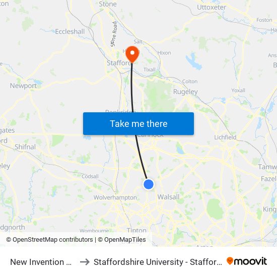 New Invention Square to Staffordshire University - Stafford Campus map