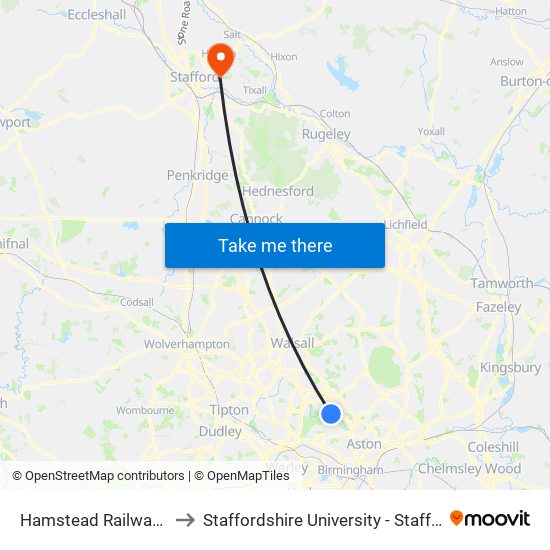 Hamstead Railway Station to Staffordshire University - Stafford Campus map