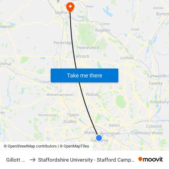 Gillott Rd to Staffordshire University - Stafford Campus map