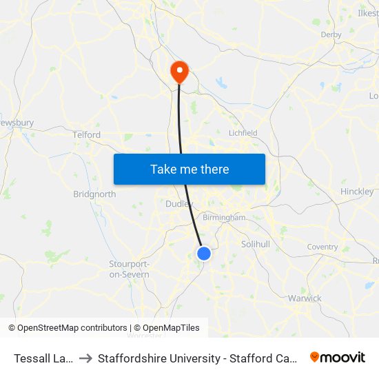 Tessall Lane to Staffordshire University - Stafford Campus map