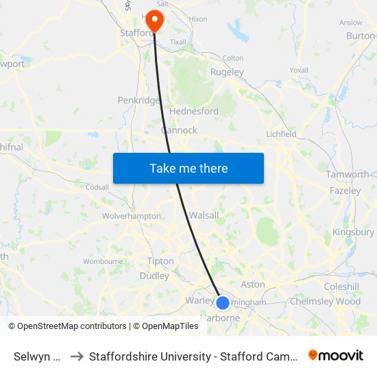 Selwyn Rd to Staffordshire University - Stafford Campus map