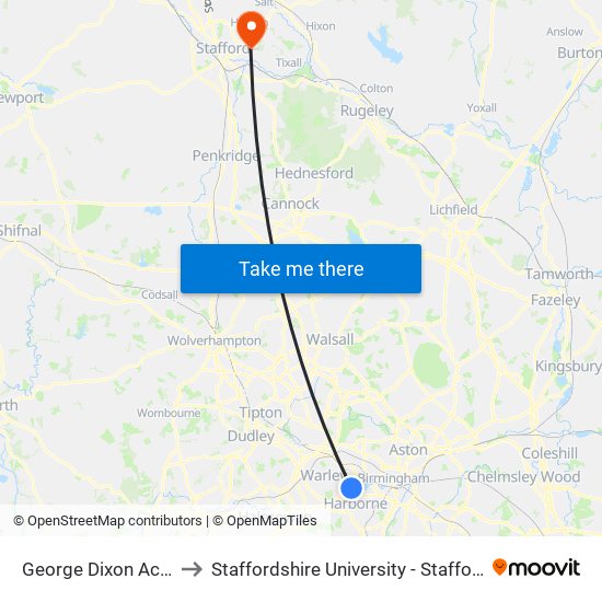 George Dixon Academy to Staffordshire University - Stafford Campus map