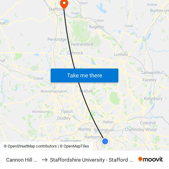 Cannon Hill Park to Staffordshire University - Stafford Campus map