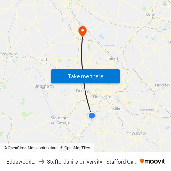 Edgewood Rd to Staffordshire University - Stafford Campus map