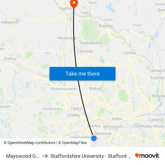 Mayswood Grove to Staffordshire University - Stafford Campus map