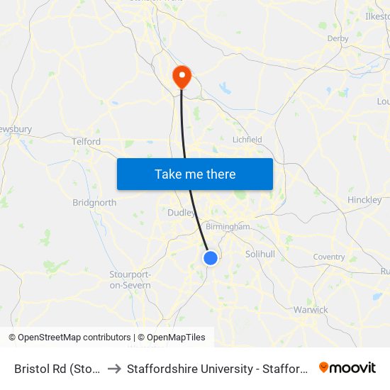 Bristol Rd (Stop Nc) to Staffordshire University - Stafford Campus map