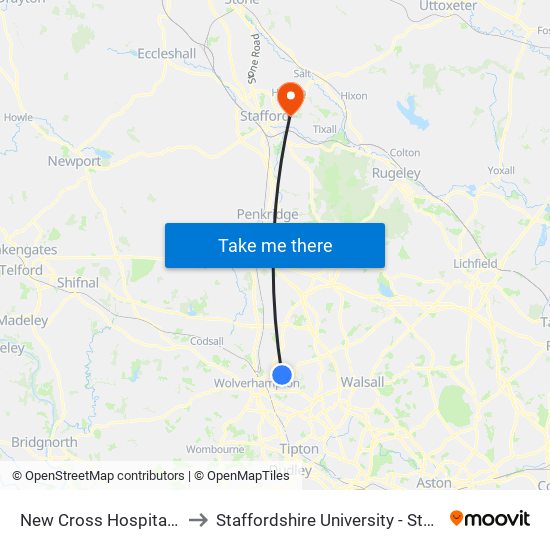 New Cross Hospital (Stop N5) to Staffordshire University - Stafford Campus map