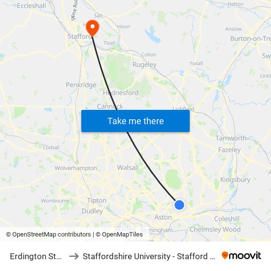 Erdington Station to Staffordshire University - Stafford Campus map