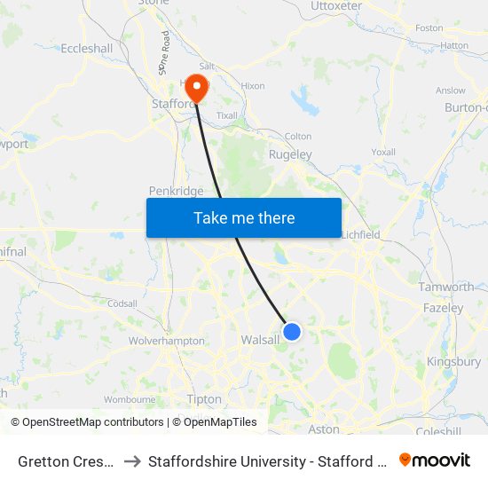 Gretton Crescent to Staffordshire University - Stafford Campus map