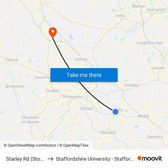 Starley Rd (Stop Cr2) to Staffordshire University - Stafford Campus map