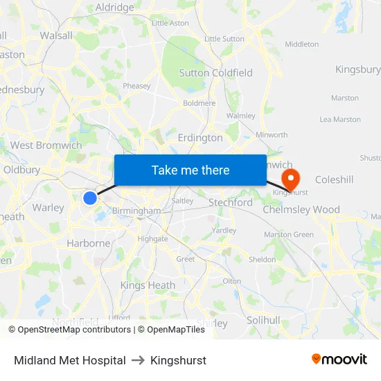 Midland Met Hospital to Kingshurst map