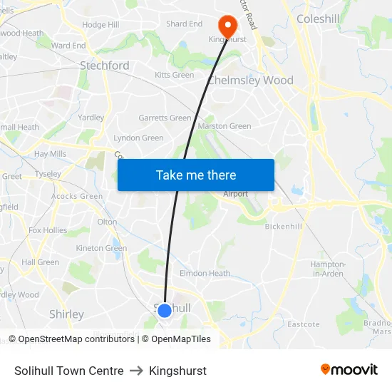 Solihull Town Centre to Kingshurst map