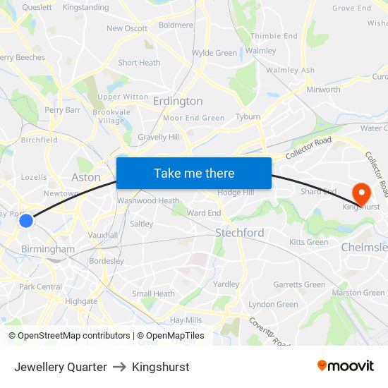Jewellery Quarter to Kingshurst map