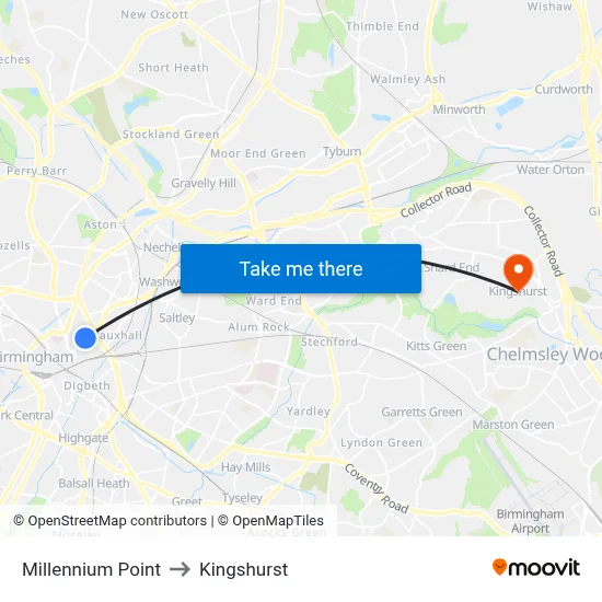 Millennium Point to Kingshurst map